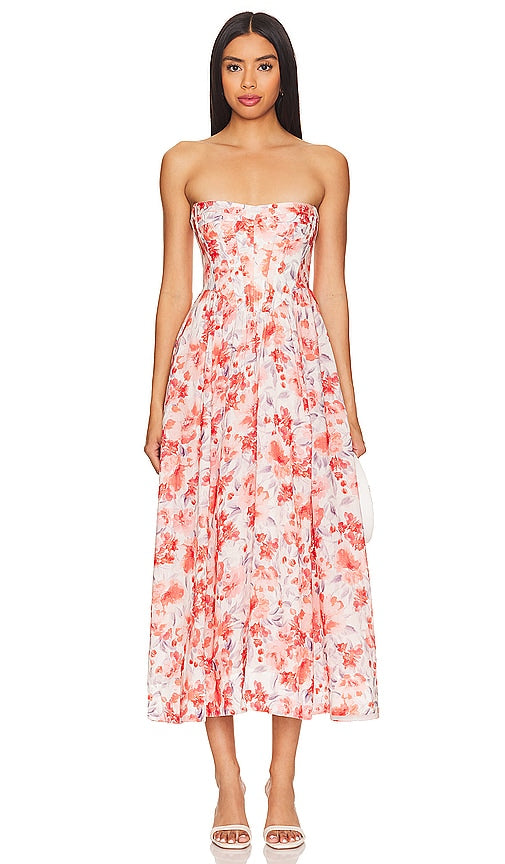 Bardot Lola Corset Midi Dress in Red - Bardot - Robe mi-longue corset Lola en rouge - Bardot Lola 红色紧身胸衣中长连衣裙 - Bardot Lola Korsett-Midikleid in Rot - Bardot Lola 코르셋 미디 드레스레드 색상 - Abito longuette corsetto Bardot Lola in rosso