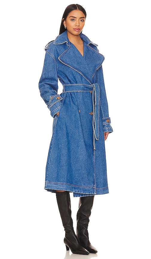 Bardot Oversized Denim Trench Coat in Blue