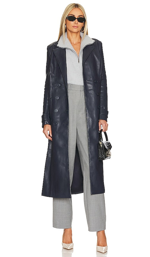 Bardot Vegan Leather Trench Coat in Navy
