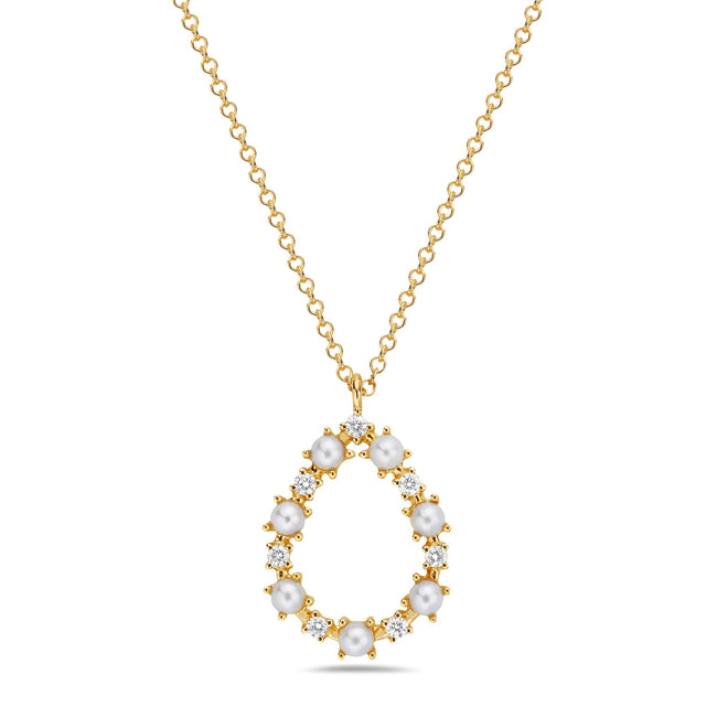 Bassali Freshwater Cultured Pearl and 1/10ctw Diamond Yellow Gold Teardrop Pendant Necklace