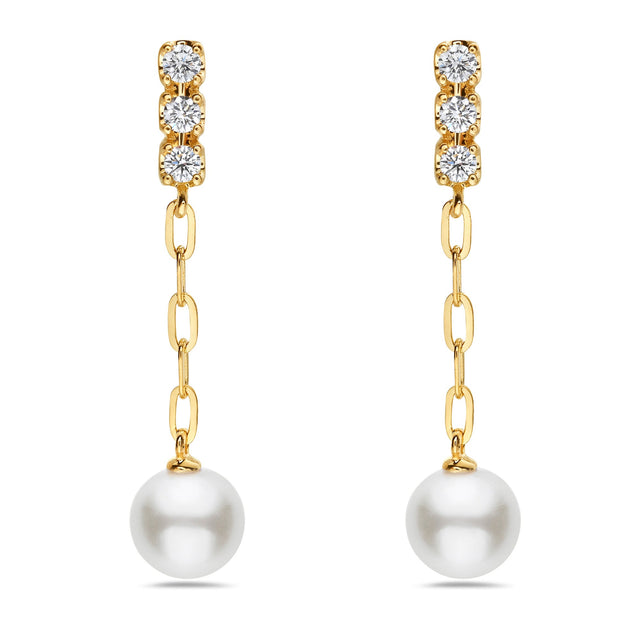 Bassali Freshwater Cultured Pearl and 1/6ctw Diamond Yellow Gold Drop Earrings