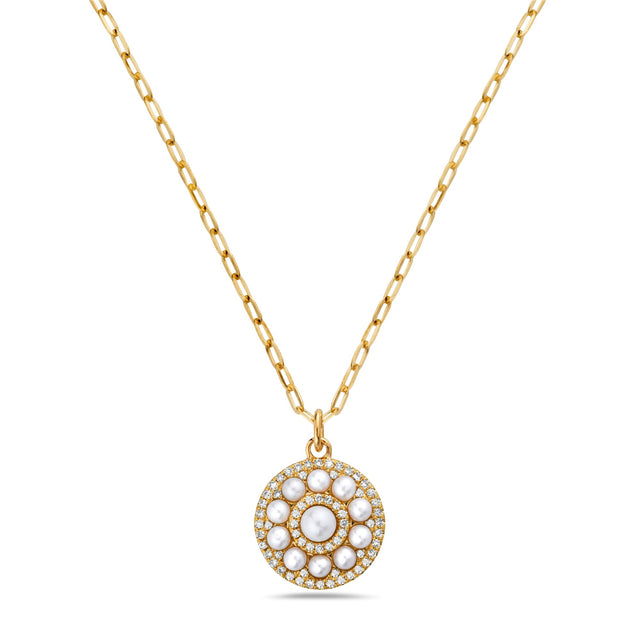 Bassali Freshwater Cultured Pearl and 1/8ctw Diamond Circle Yellow Gold Pendant Necklace