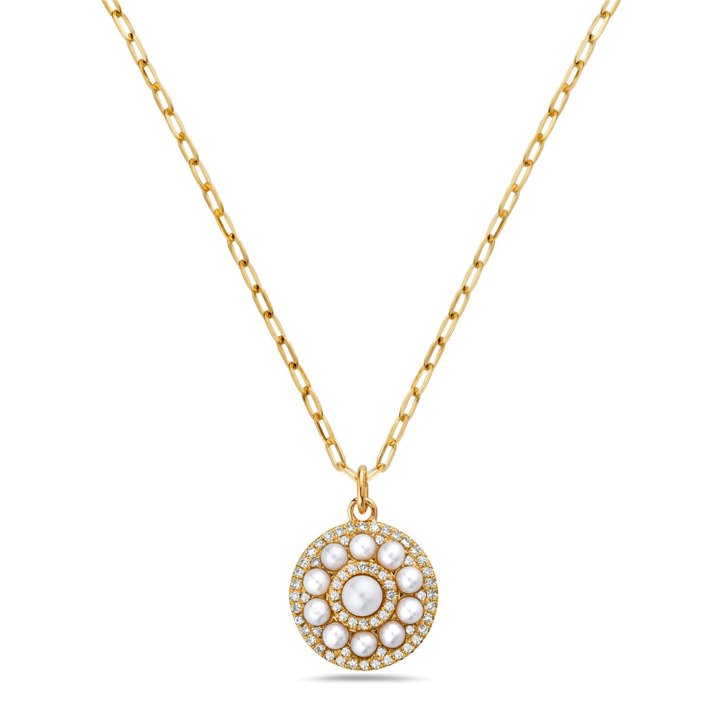 Bassali Freshwater Cultured Pearl and 1/8ctw Diamond Circle Yellow Gold Pendant Necklace