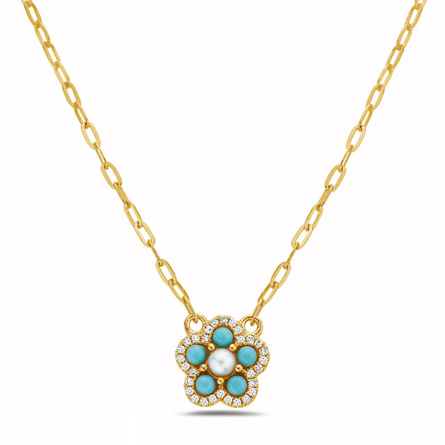 Bassali Turquoise, Freshwater Cultured Pearl, and 1/15ctw Diamond Flower Yellow Gold Necklace