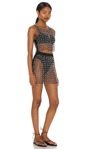 Beach Bunny Glitzy Girl Mesh Pearl Top & Skirt Set in Black