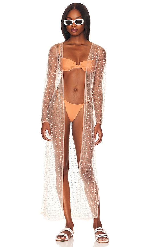 Beach Bunny Late Nights Pearl Mesh Cardigan in Nude