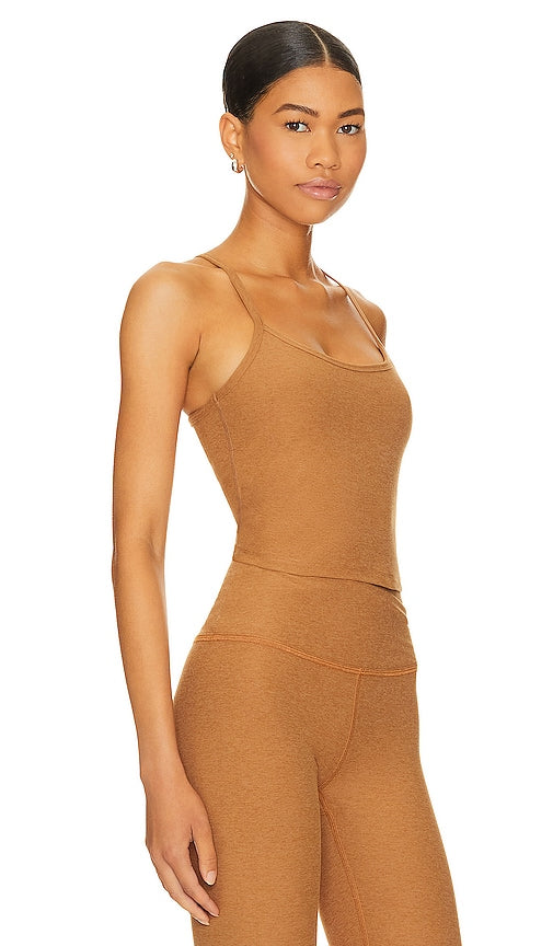 Beyond Yoga Spacedye Slim Racerback Cropped Tank in Tan