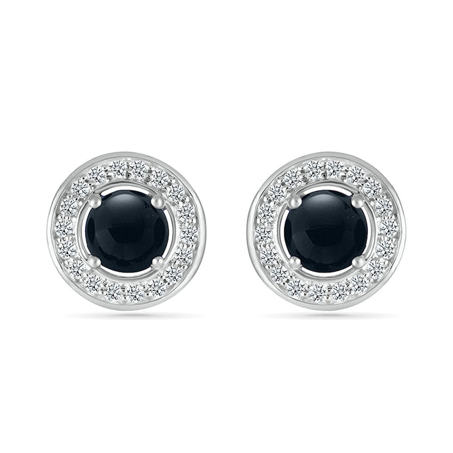 Black Onyx and 1/4ctw Diamond Halo Sterling Silver Stud Earrings