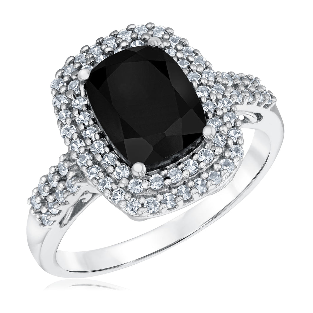 Black Onyx and Created White Sapphire Sterling Silver Ring