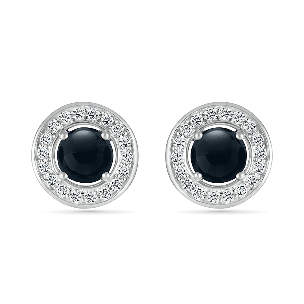 Black Onyx and White Sapphire Halo Sterling Silver Stud Earrings
