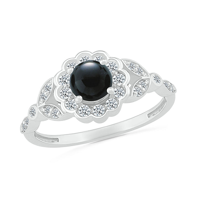 Black Onyx and White Topaz Halo Sterling Silver Ring - Size 5.5