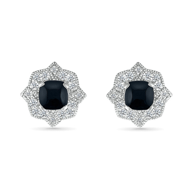 Black Onyx and White Topaz Sterling Silver Halo Stud Earrings