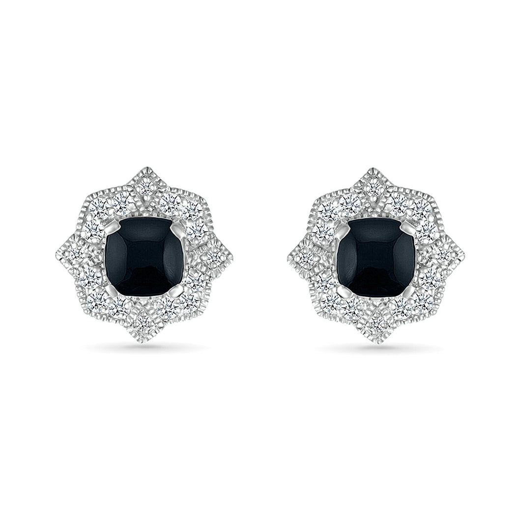 Black Onyx and White Topaz Sterling Silver Halo Stud Earrings