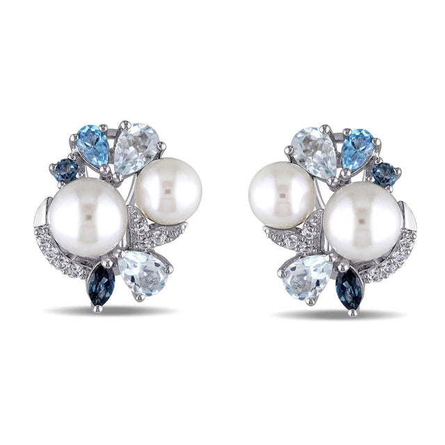 Blue Mixed Gemstone and White Freshwater Cultured Pearl Cluster Earrings in Sterling Silver