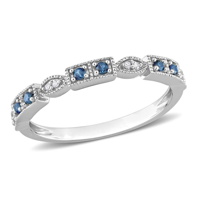 Blue Sapphire and 1/20ctw Diamond Vintage-Inspired White Gold Stackable Ring | Size 7.5