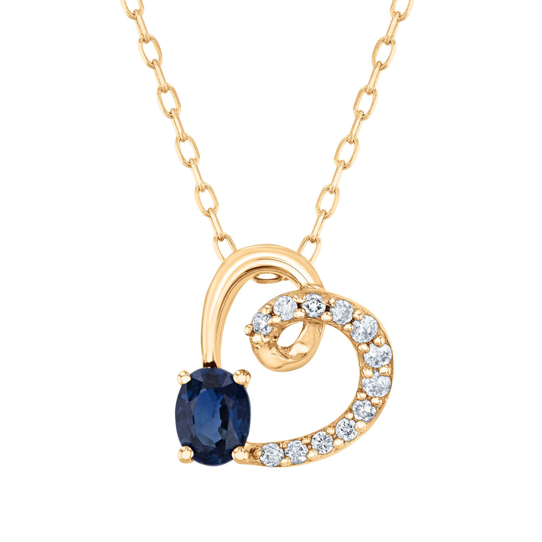 Blue Sapphire and 1/20ctw Diamond Yellow Gold Heart Pendant Necklace