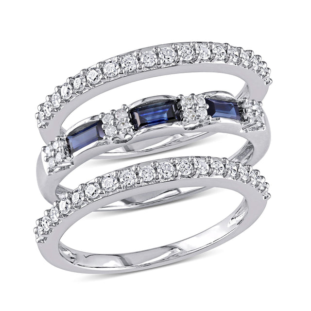 Blue Sapphire and 1/2ctw Diamond White Gold 3-Piece Stackable Ring Set | Size 4