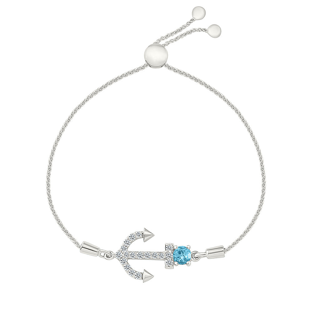 Blue Topaz and Created White Sapphire Anchor Sterling Silver Bolo Bracelet