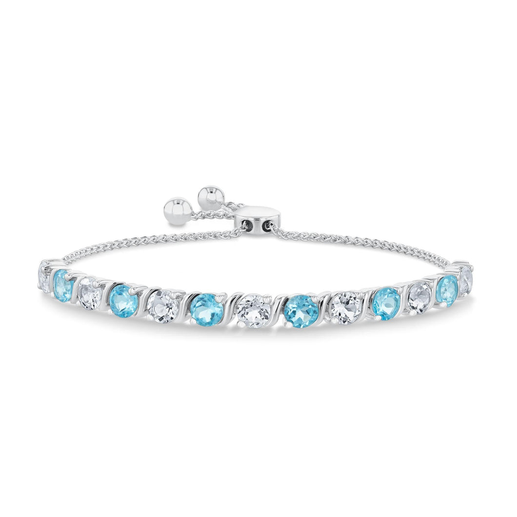 Blue Topaz and Created White Sapphire Sterling Silver Bolo Bracelet