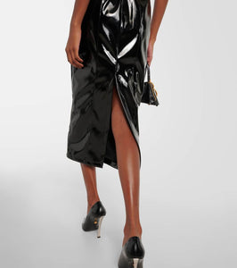 Blumarine Feather-trimmed faux leather midi dress