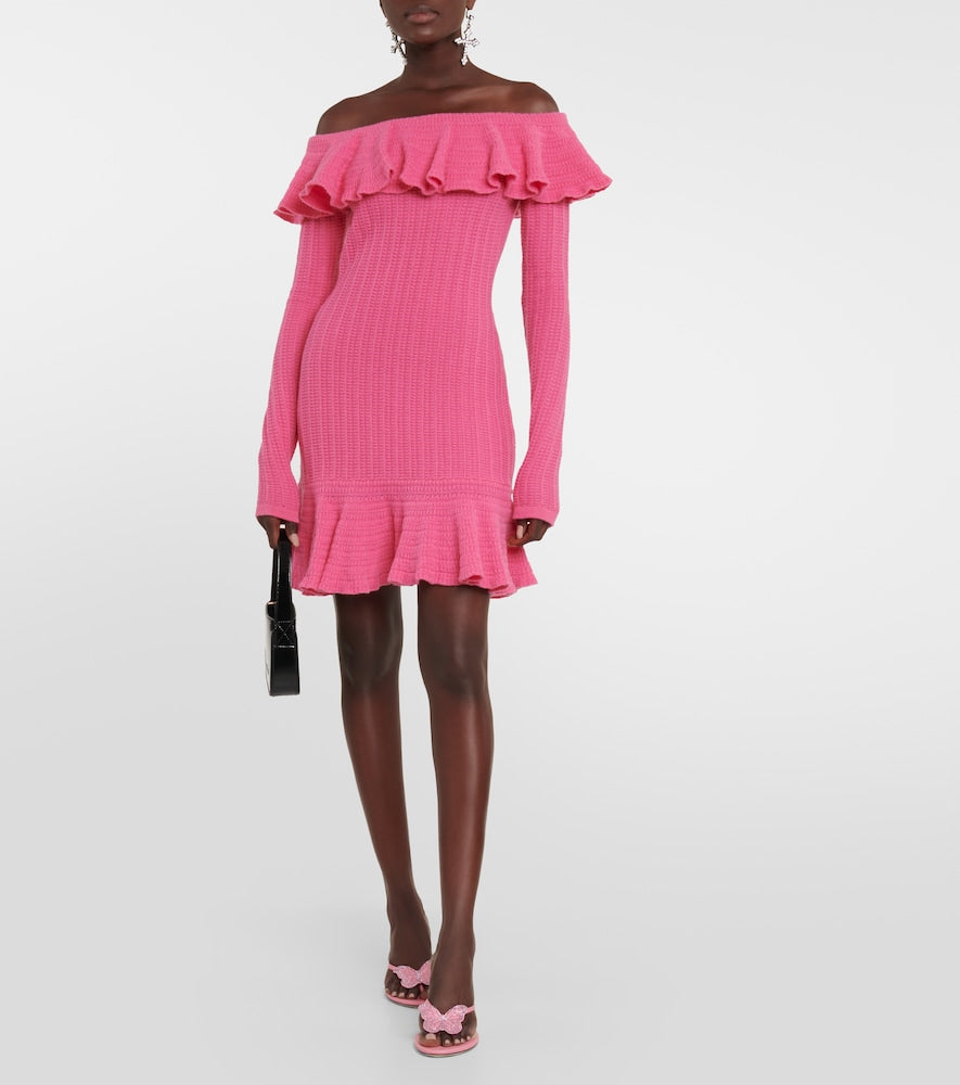 Blumarine Off-shoulder ruffled wool minidress