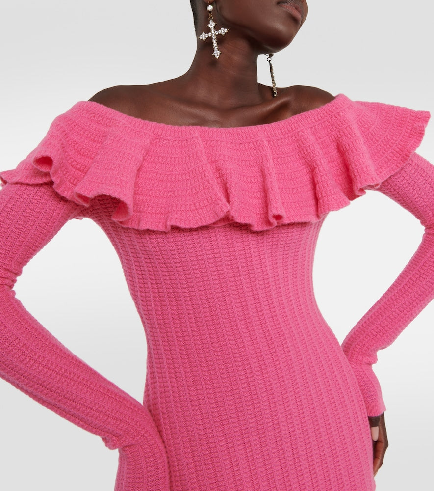 Blumarine Off-shoulder ruffled wool minidress
