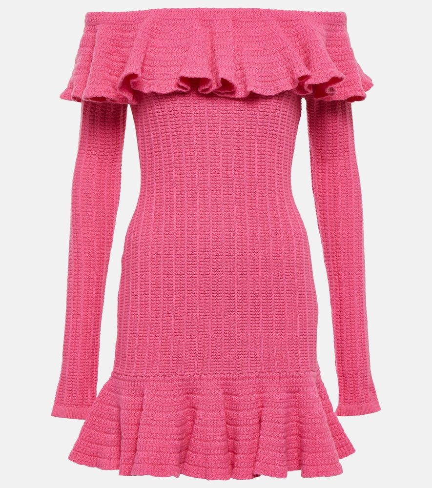 Blumarine Off-shoulder ruffled wool minidress. Blumarine 露肩荷叶边羊毛迷你连衣裙