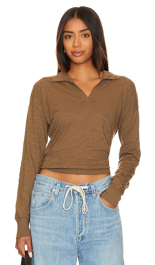 Bobi Banded V Neck Collared Shirt in Brown - Bobi - Chemise à col en V et bandes en marron - Bobi 棕色镶边 V 领衬衫 - Bobi-Hemd mit V-Ausschnitt und Kragen in Braun - Bobi 밴디드 V넥 칼라 셔츠브라운 색상 - Camicia con colletto Bobi con scollo a V e fascia in marrone