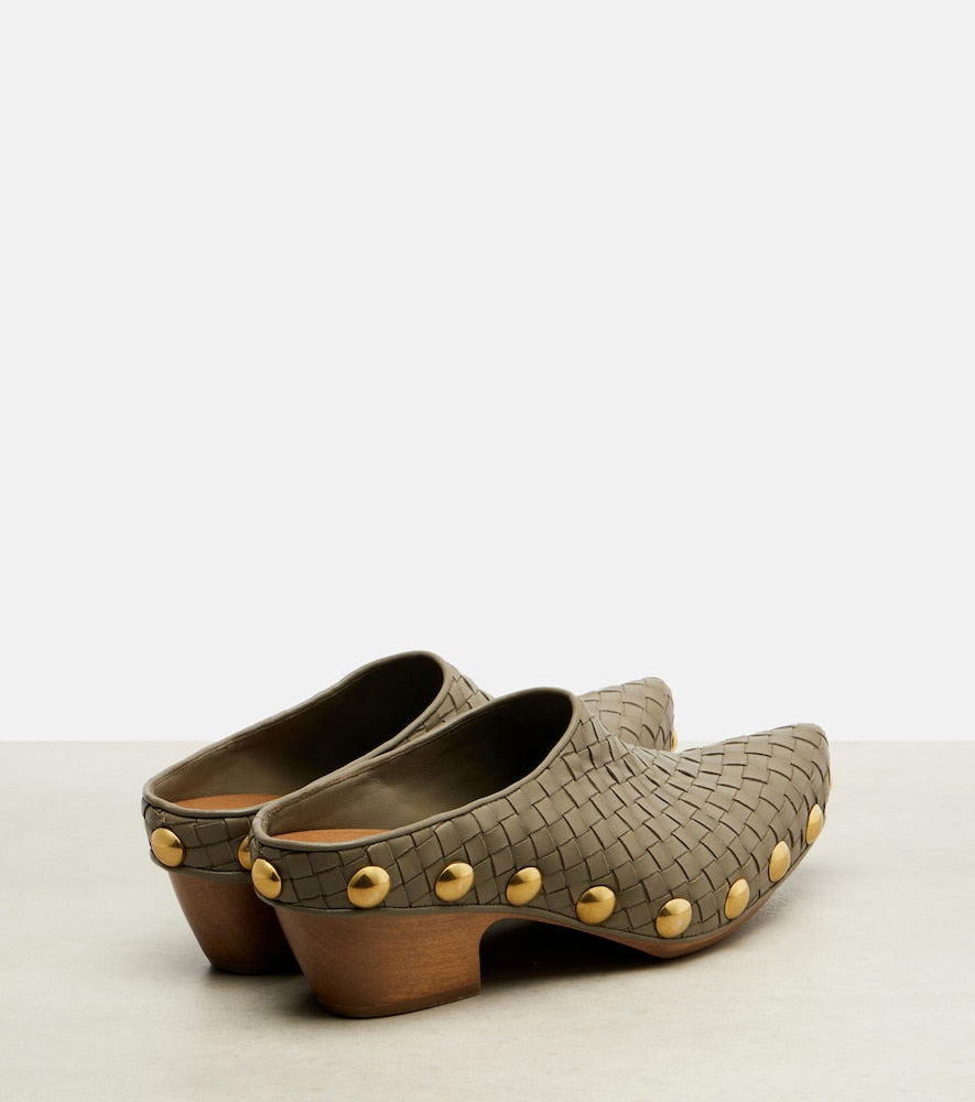 Bottega Veneta Gondola Intrecciato studded leather clogs in Green - Mid Heel Pumps