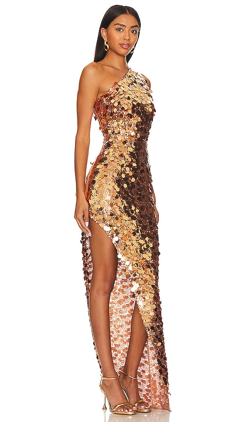 Bronx and Banco Farah One Shoulder Gown in Metallic Gold