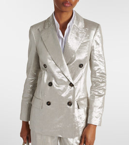 Brunello Cucinelli Double-breasted metallic linen-blend blazer