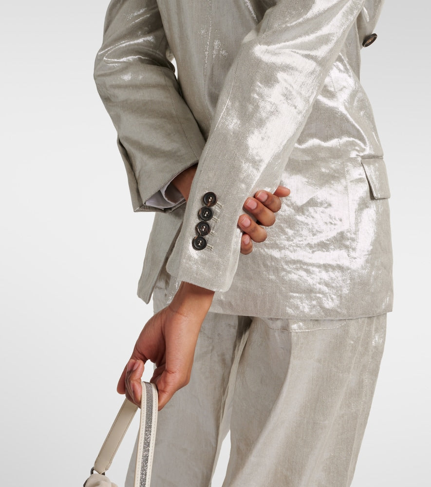 Brunello Cucinelli Double-breasted metallic linen-blend blazer