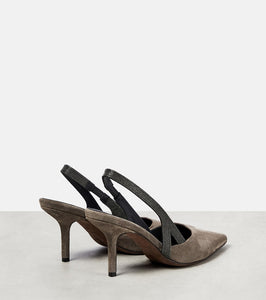 Brunello Cucinelli Embellished suede slingback mules