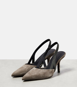 Brunello Cucinelli Embellished suede slingback mules