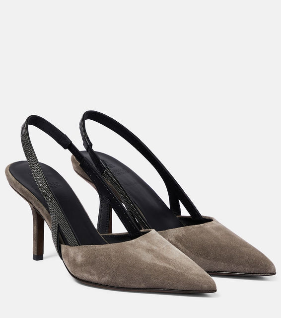Brunello Cucinelli Embellished suede slingback mules