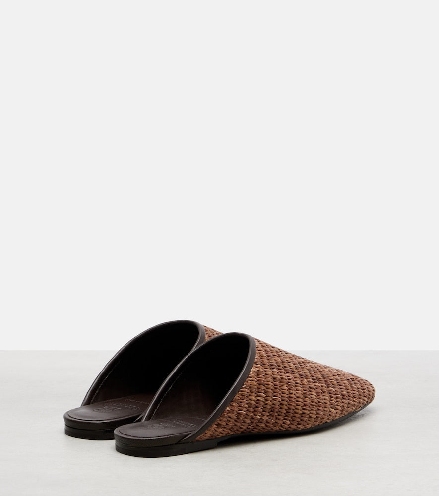 Brunello Cucinelli Leather-trimmed raffia mules