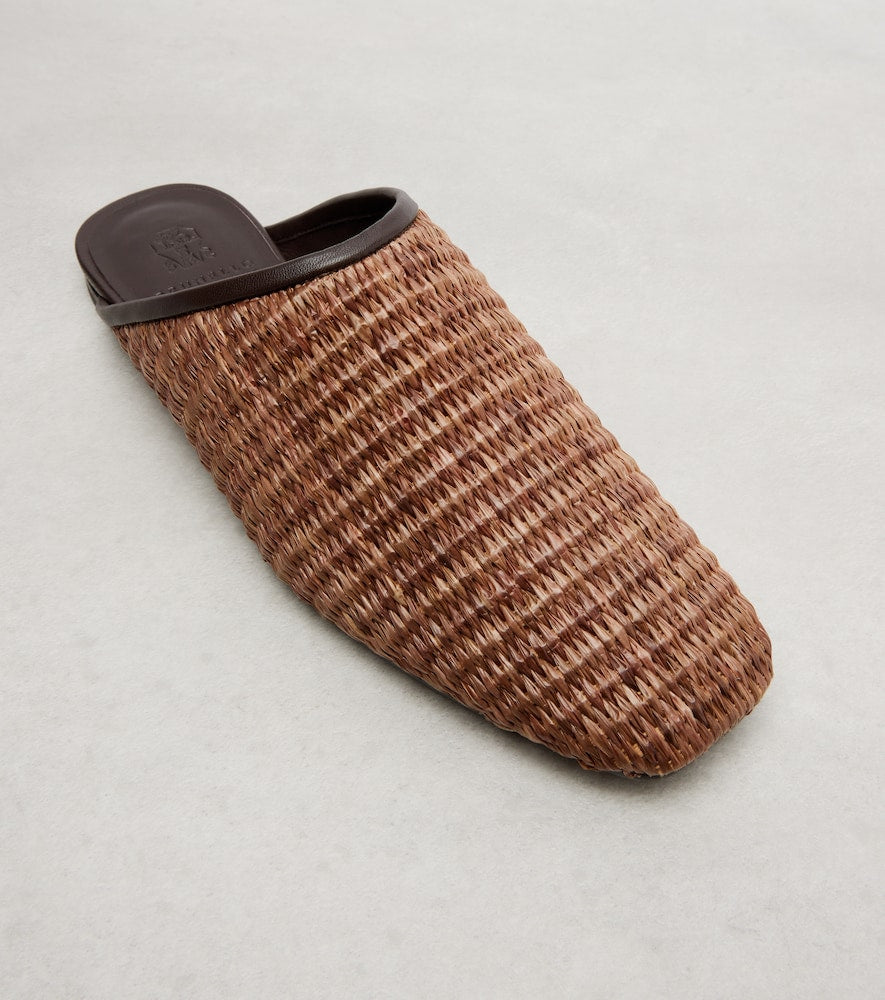 Brunello Cucinelli Leather-trimmed raffia mules