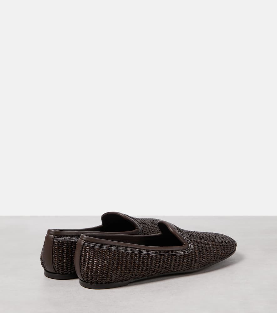 Brunello Cucinelli Leather-trimmed raffia slippers