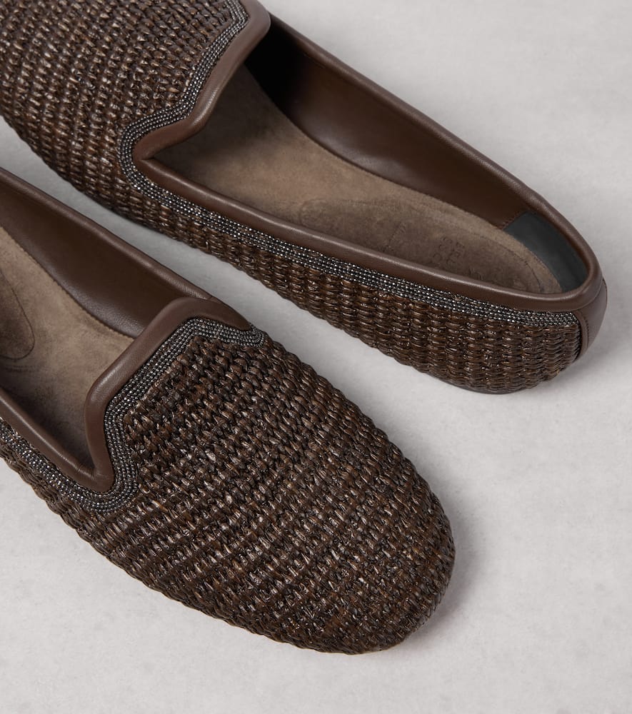 Brunello Cucinelli Leather-trimmed raffia slippers
