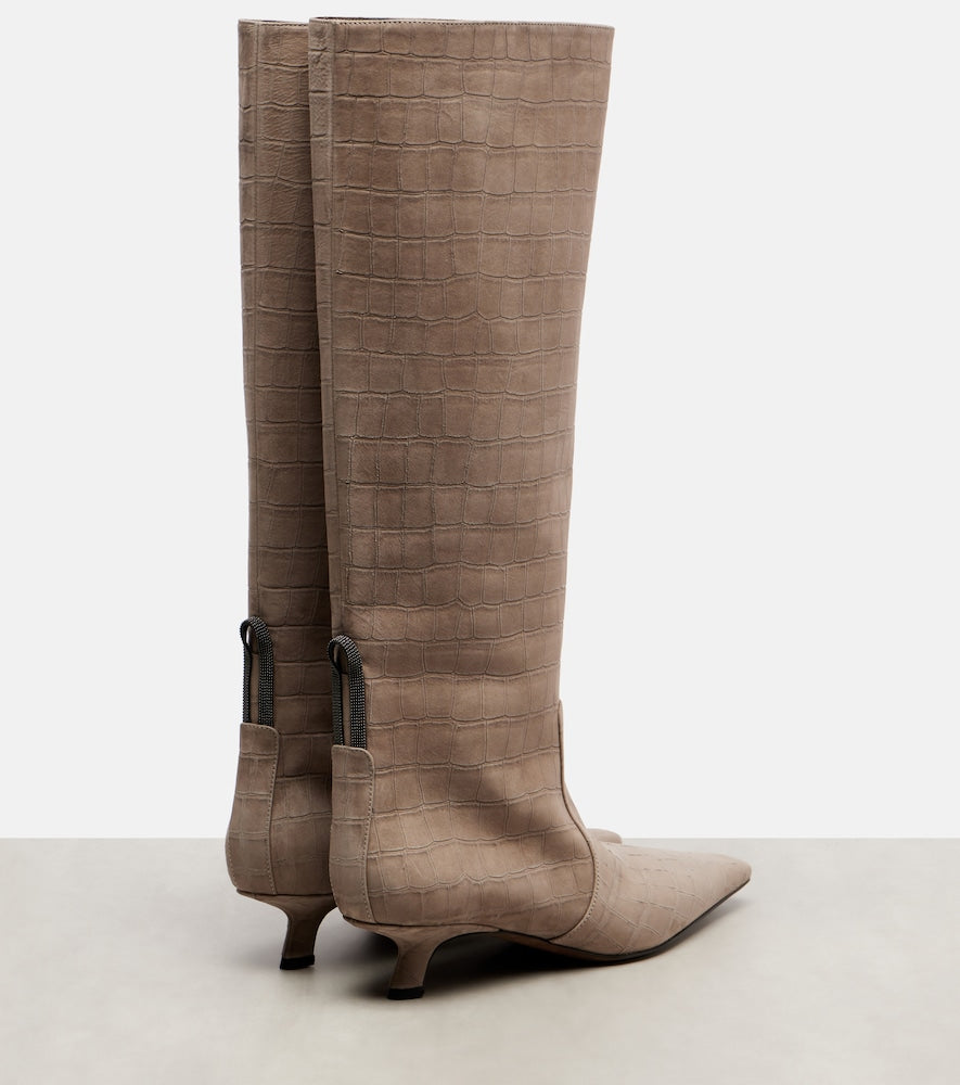 Brunello Cucinelli Monili croc-effect suede knee-high boots