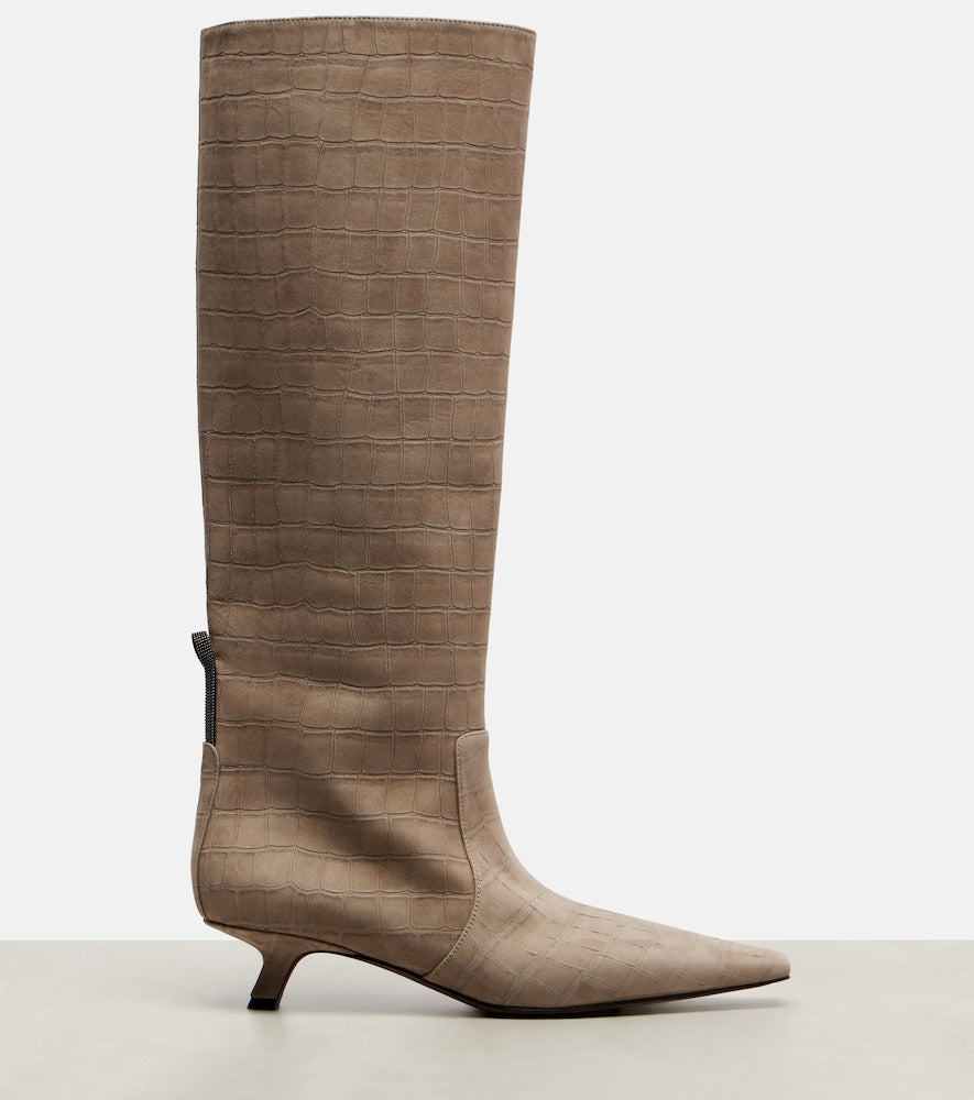 Brunello Cucinelli Monili croc-effect suede knee-high boots