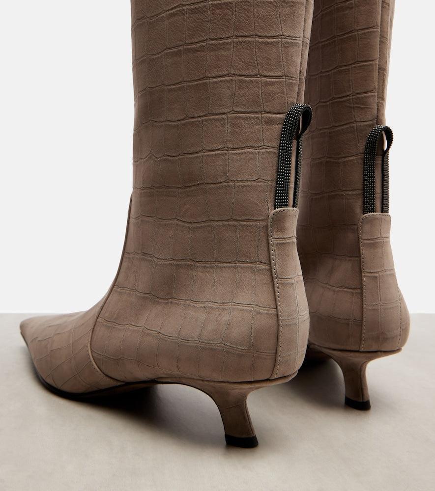 Brunello Cucinelli Monili croc-effect suede knee-high boots