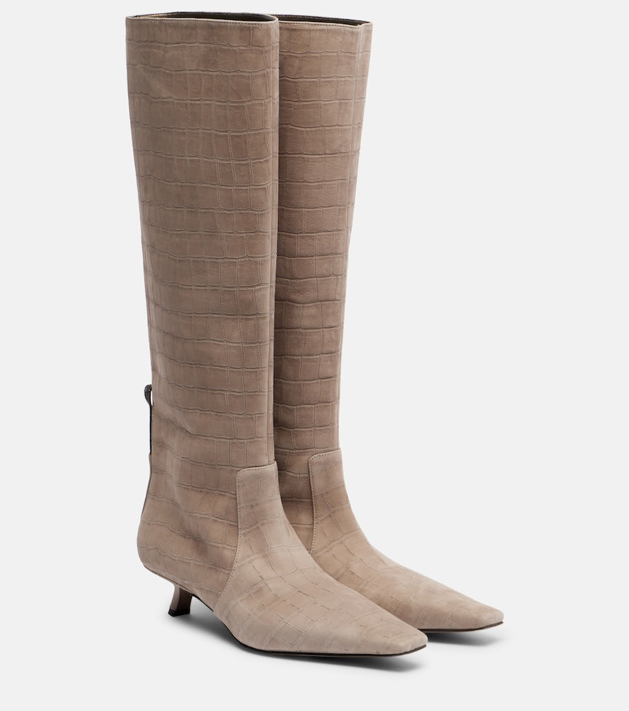 Brunello Cucinelli Monili croc-effect suede knee-high boots