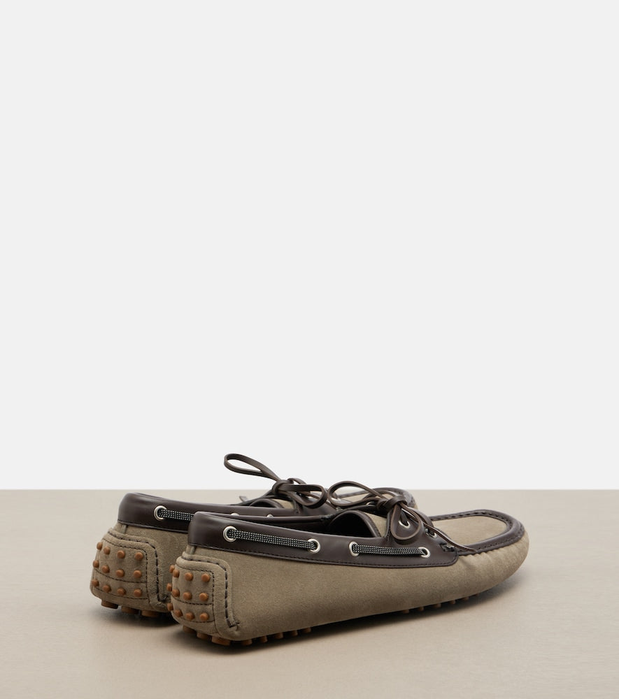Brunello Cucinelli Monili leather-trimmed suede boat shoes