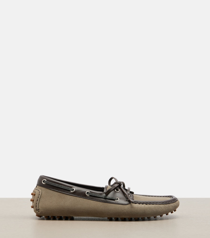 Brunello Cucinelli Monili leather-trimmed suede boat shoes