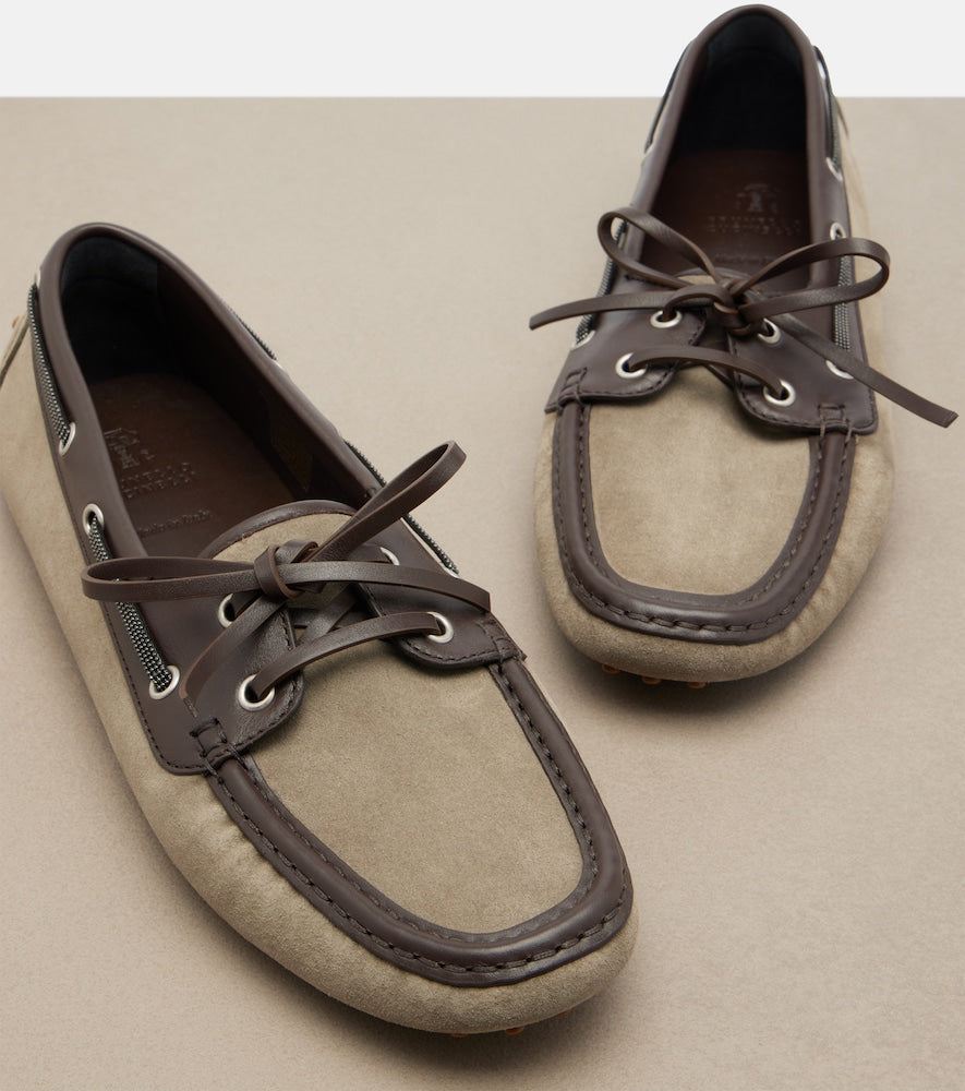 Brunello Cucinelli Monili leather-trimmed suede boat shoes