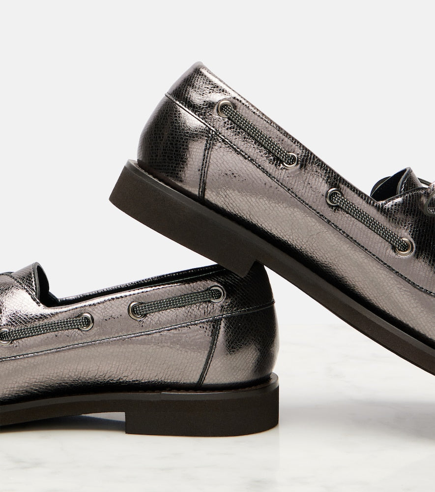 Brunello Cucinelli Monili metallic leather boat shoes