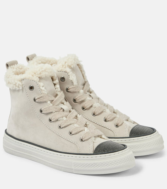 Brunello Cucinelli Monili shearling-trimmed suede high-top sneakers