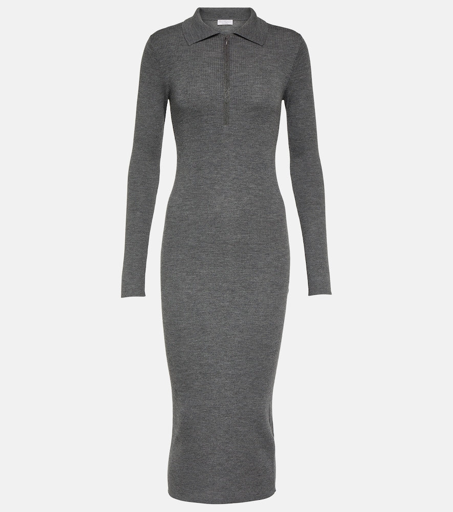 Brunello Cucinelli Ribbed-knit virgin wool and cashmere midi dress. Brunello Cucinelli 罗纹针织初剪羊毛和羊绒中长连衣裙