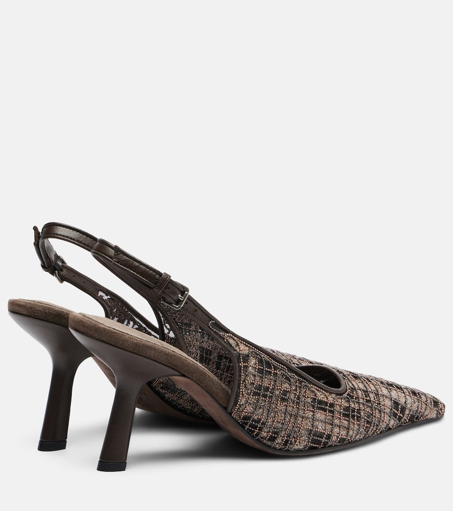 Brunello Cucinelli Beaded checked leather-trimmed slingback pumps (Brown) - Mid Heel Pumps